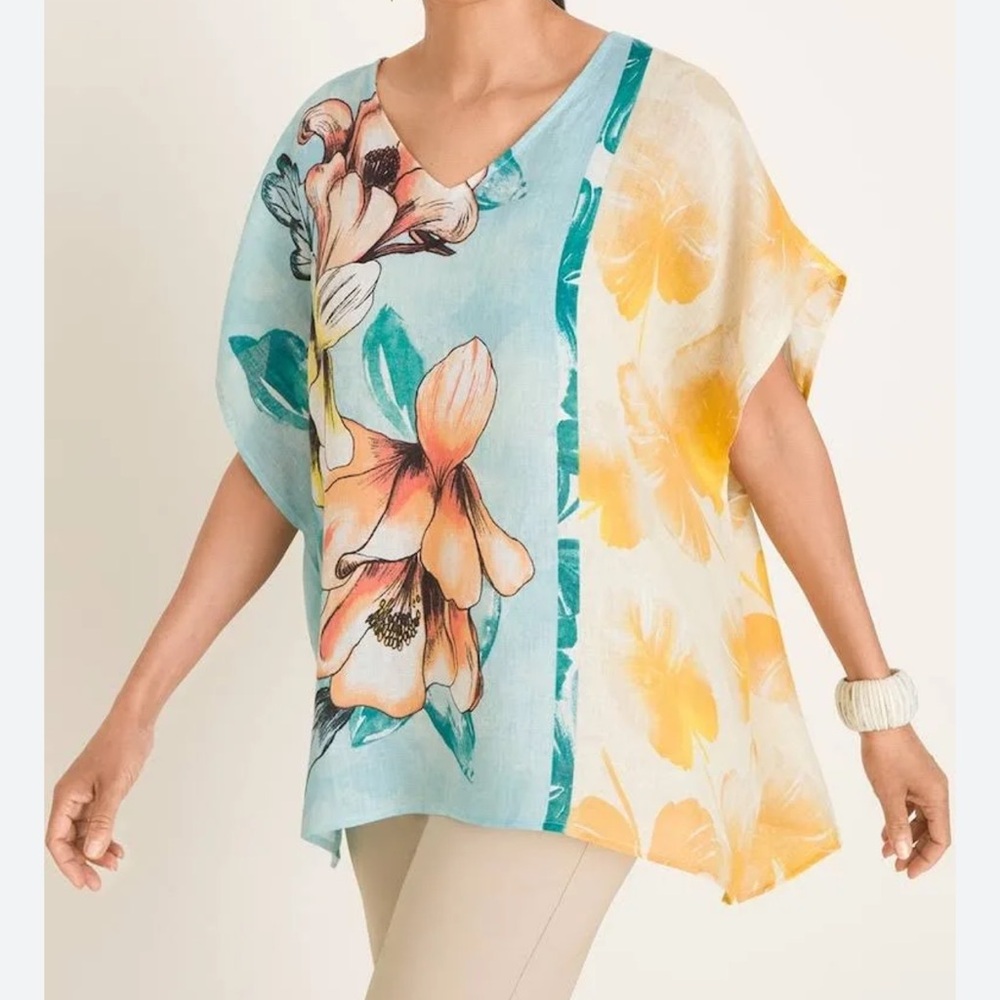 Chico’s Tropical Bloom Floral Linen Poncho Top Size L/XL
